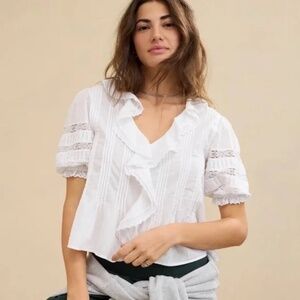 Aerie Short Sleeve Ruffle Lace Blouse in White